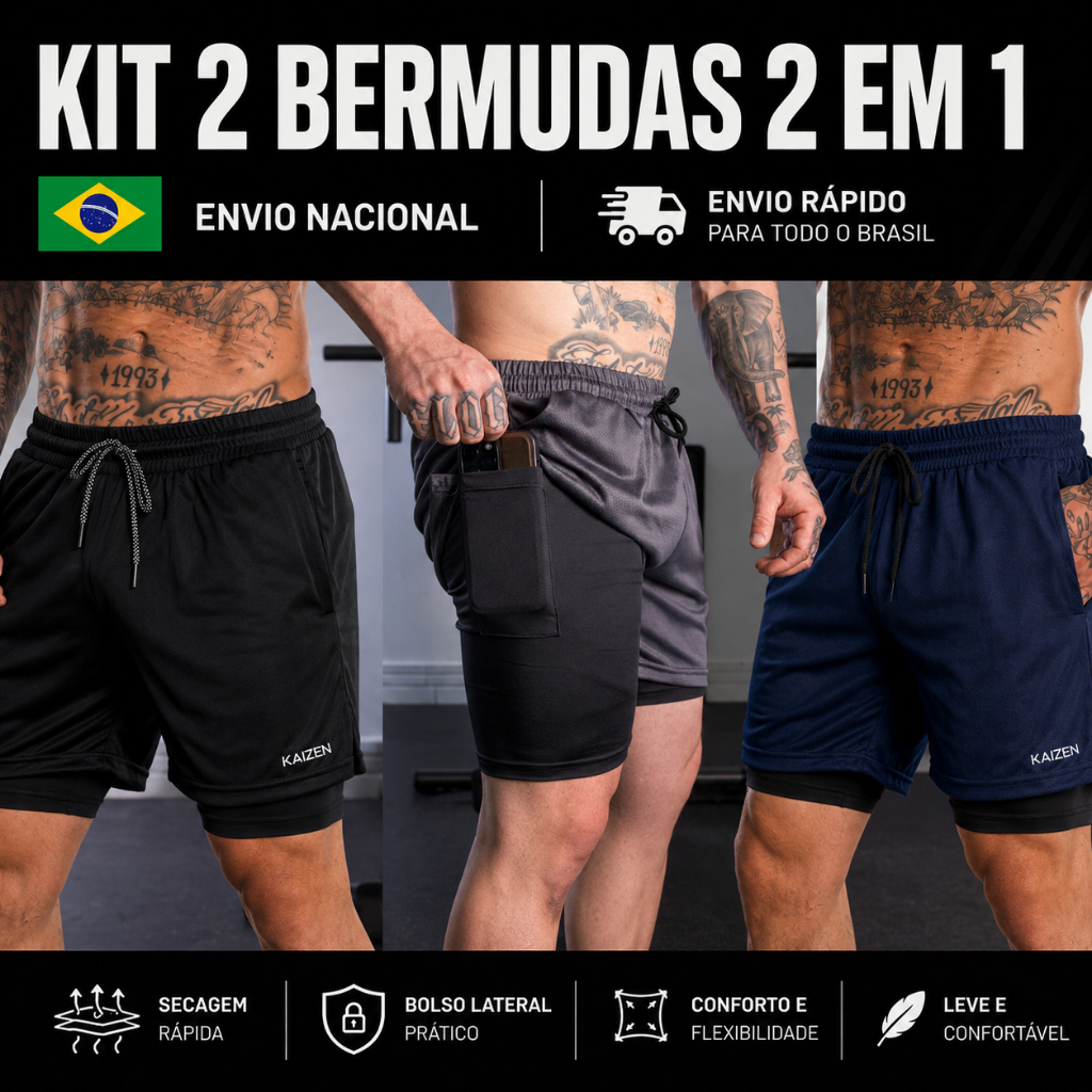 kit 2 Shorts 2 em 1 kaizen sports para treinar bermuda…