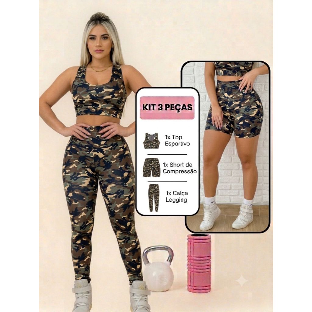KIt Com 3 Pecas Calca Leg Legging Com Short Mais Top…