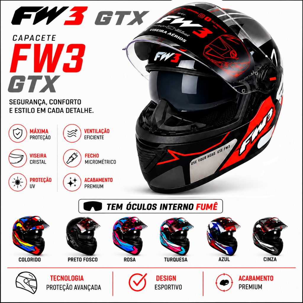 Capacete Fechado Fw3 Gtx Fox Óculos + Narigueira Cores…