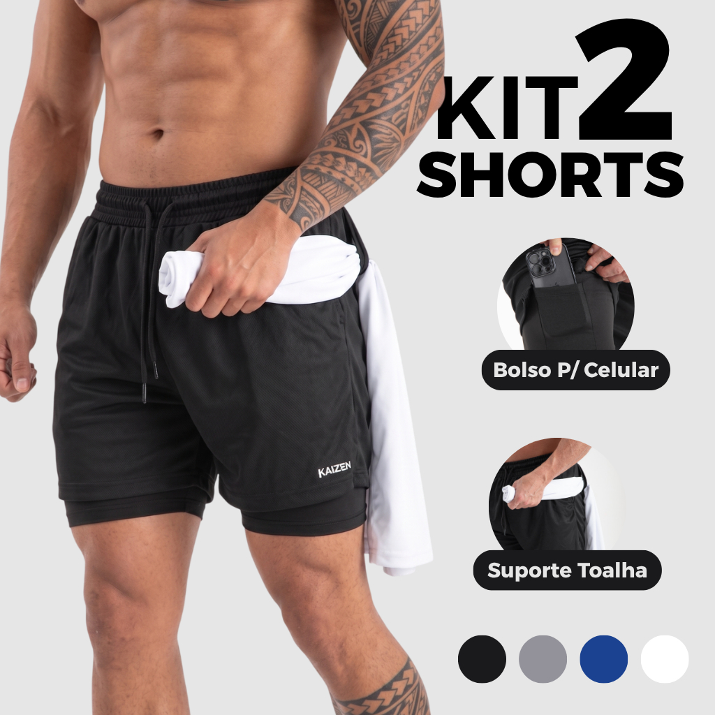 kit 2 Shorts 2 em 1 kaizen sports para treinar bermuda…