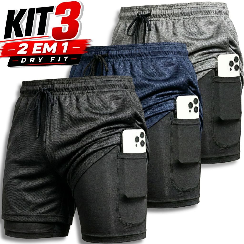 Kit 3 Shorts 2 em 1 Dryfit Masculino Academia Corrida…