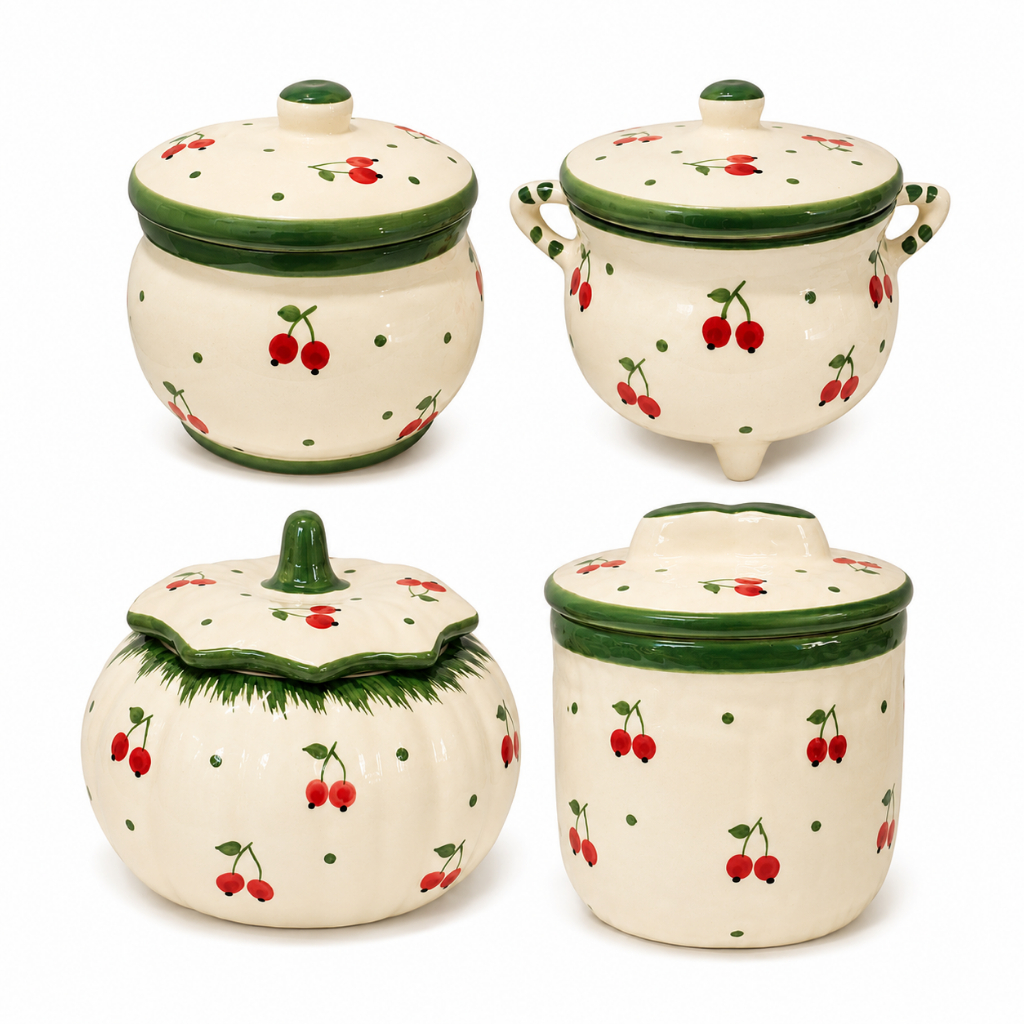 🍒 Potes Decorativos De Cerâmica Esmaltada – Cereja