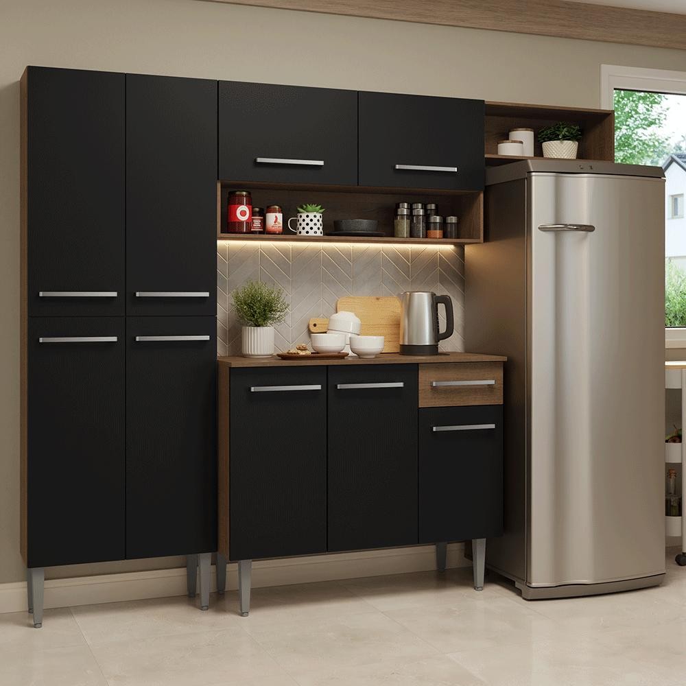 Armário de Cozinha Completa 229cm Rustic/Preto Emilly…