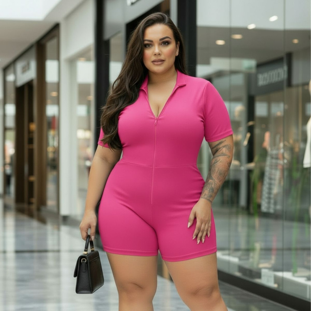 Macação Suplex Plus Size Justo Curto Com Zíper Elegante…