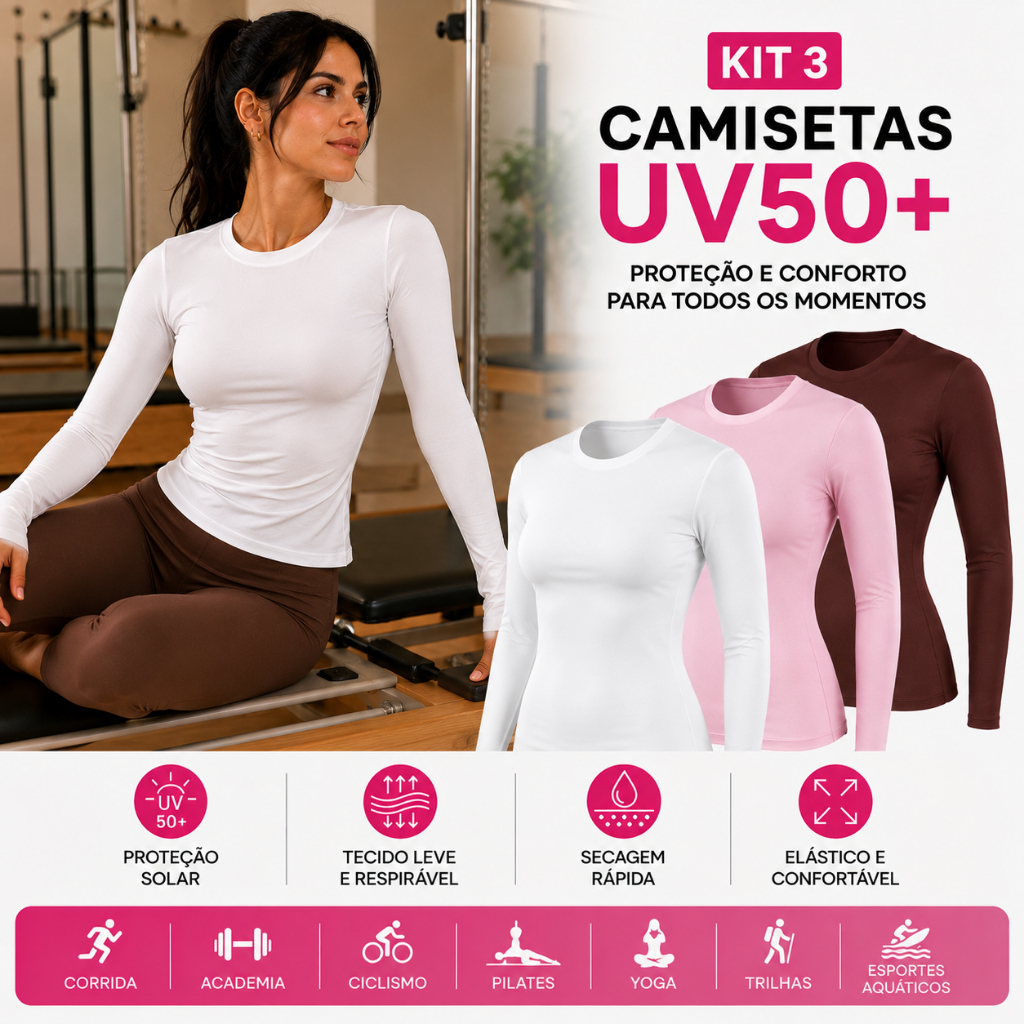 Kit 3 Camisetas Básica Feminina Manga Longa Proteção…