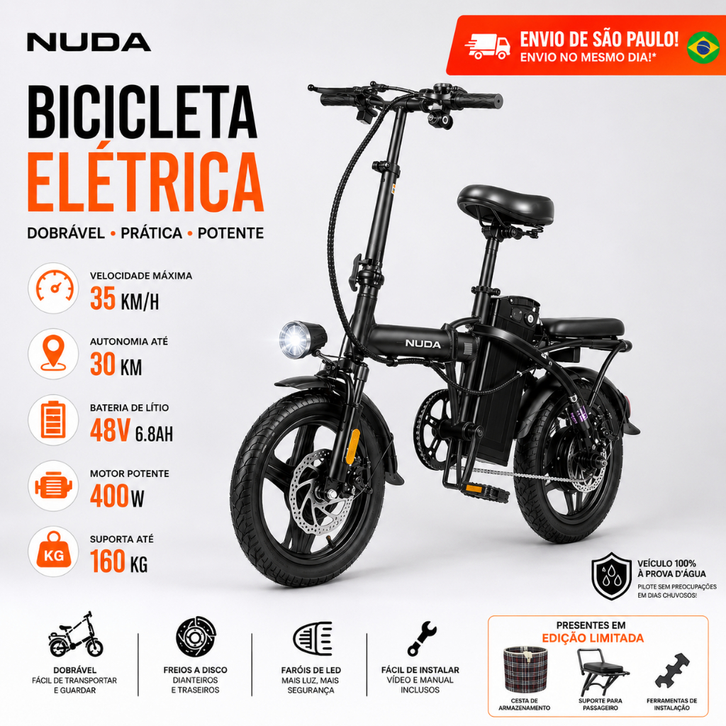 Bicicleta Dobrável Elétrica 400W 48V Bateria Removível…
